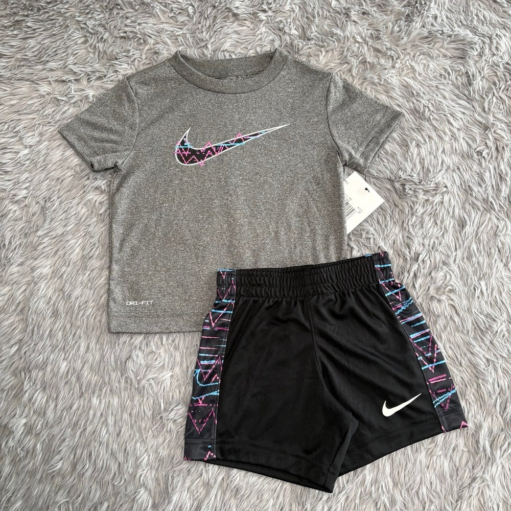 Nike Drifit Athletic Outfit Set Gray Black Pink Blue Toddler Girls 2T NEW